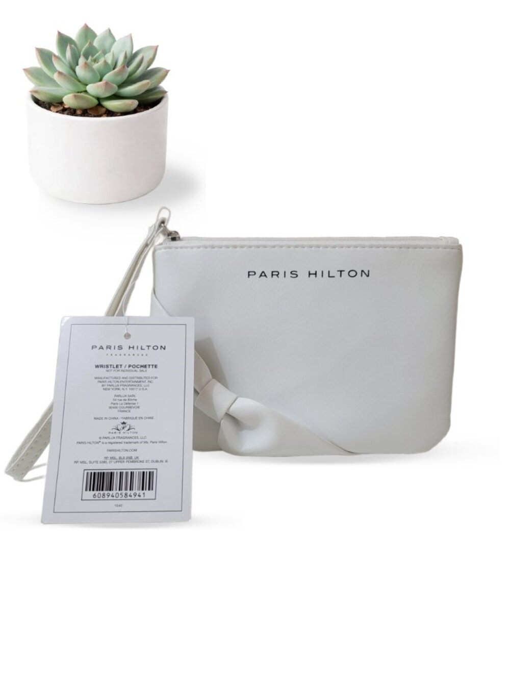 NWT Paris Hilton White Wristlet Pouch Bow Detail Zip Clutch Makeup Cosmetic Bag